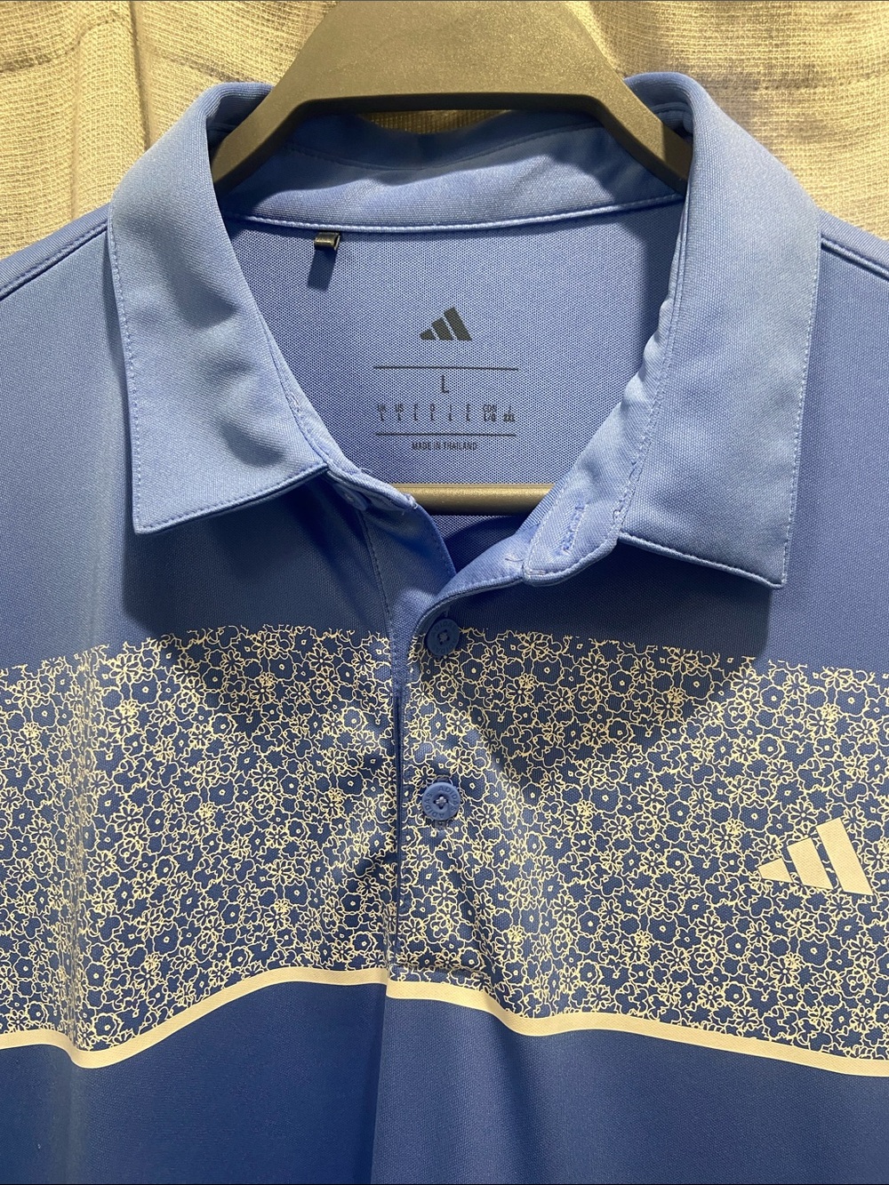 adidas Blue Men’s Polo with White Floral Stripe